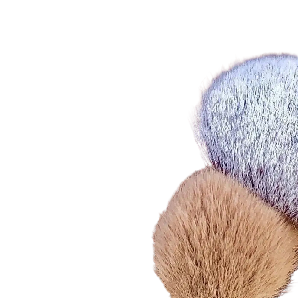 Soft tan and gray plush fur makeup brushes set with dense fine bristles for eye shadow and cosmetic application