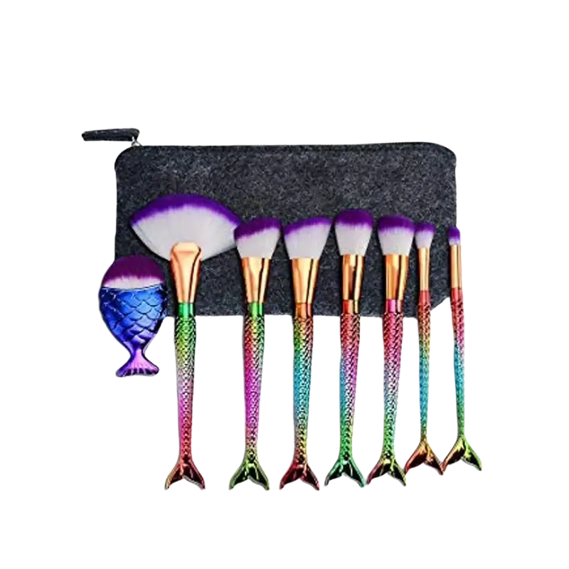 Makeup brushes set for teen girls with rainbow mermaid tail design, iridescent scales, purple-tipped bristles, and fish holder