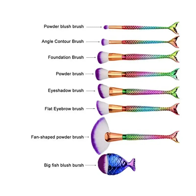 Set of seven mermaid scale design makeup brushes with iridescent rainbow handles and gold ferrules for teen girls