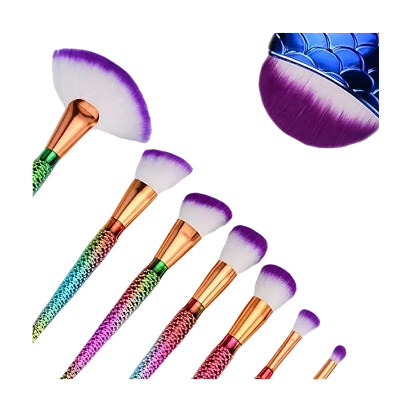 Set of six makeup brushes with mermaid scale design, iridescent rainbow handles, and purple-tipped bristles for teen girls