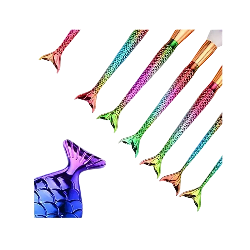 Set of mermaid tail-shaped makeup brushes with iridescent rainbow scale handles and gold ferrules for teen girls