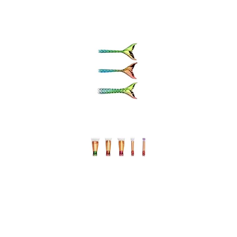 Set of three iridescent mermaid tail nail art stickers with metallic finish and five assorted makeup brushes for teen girls