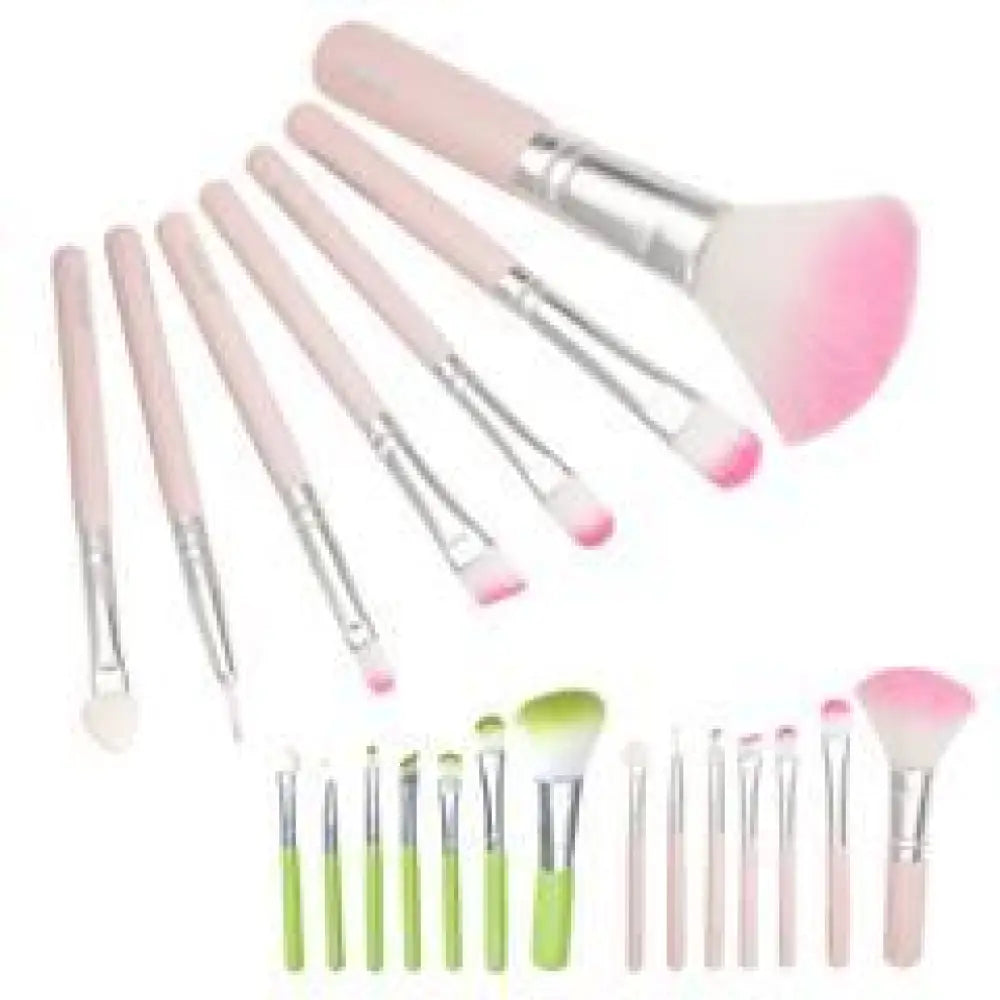 Set of 20 professional synthetic foundation and face brushes with pink and green handles and silver ferrules