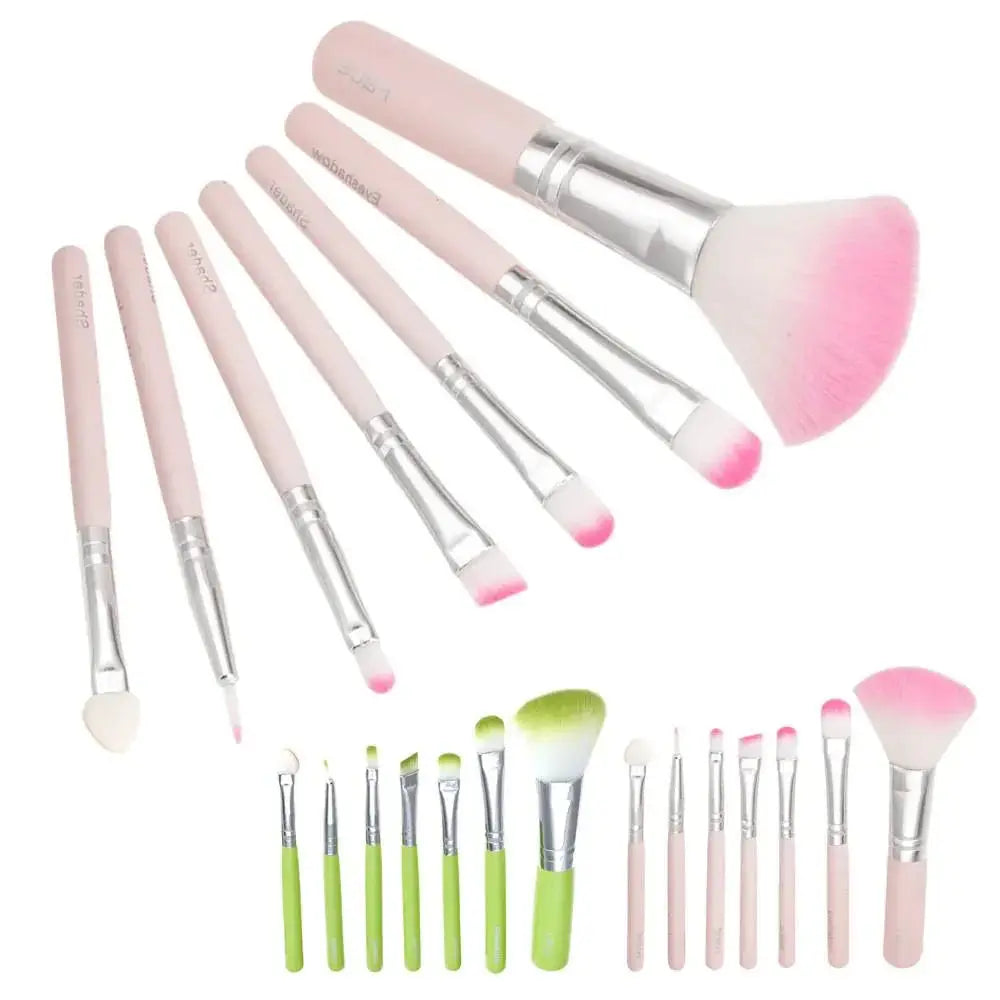 Professional synthetic foundation and face brush set with pink and green handles, metallic ferrules, and soft bristles