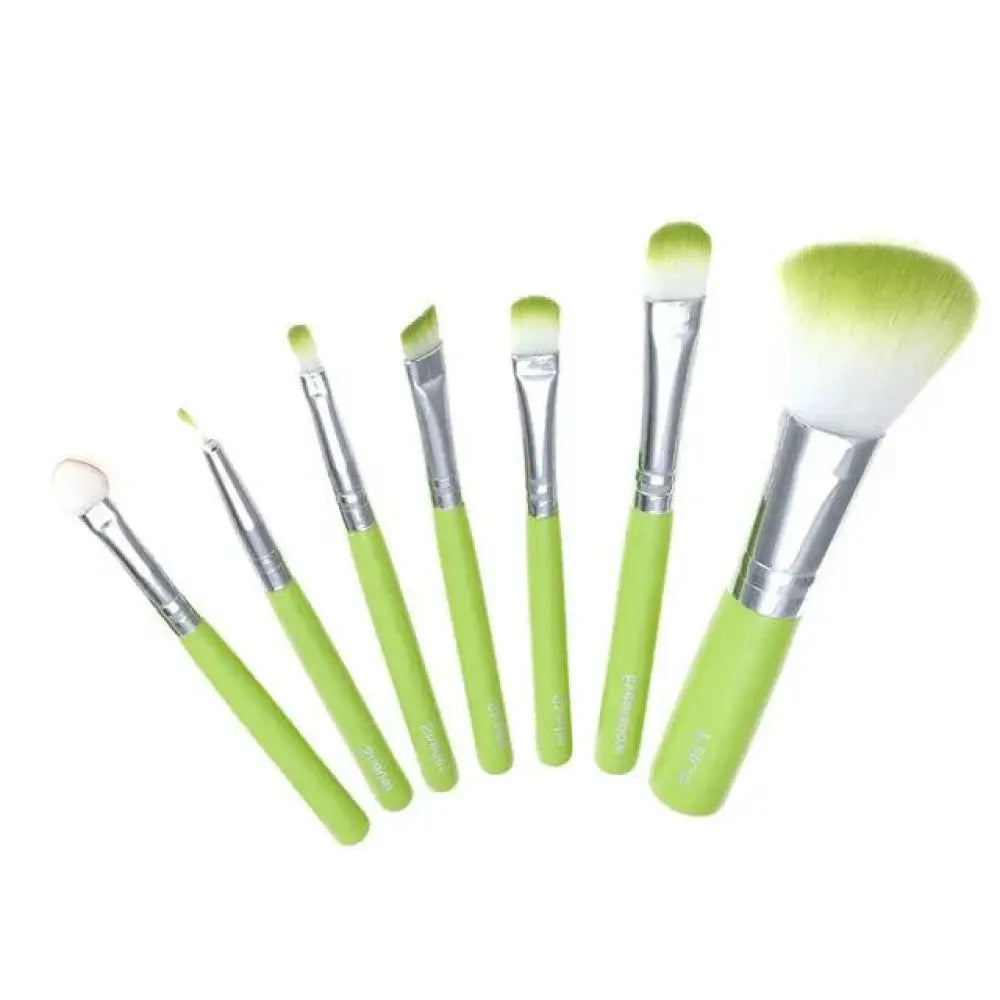 Set of seven lime green-handled professional synthetic foundation and face makeup brushes with silver ferrules and soft bristles