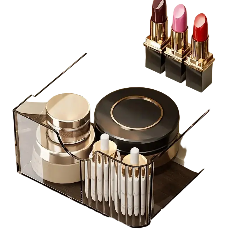 Clear acrylic makeup organizer with black metal frame vertical slats and brush holder for large capacity skincare tubes