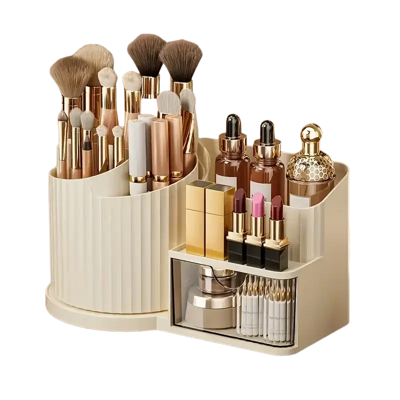 Cream-colored plastic makeup organizer with vertical ridged sides and clear glass drawer with brush holder for skincare