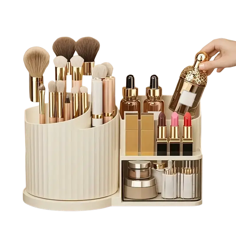 Cream-colored ribbed plastic makeup organizer with gold accents mirrored drawer and brush holder for large capacity skincare