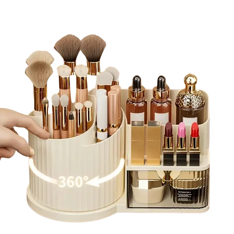 Cream-colored ribbed plastic makeup organizer with brush holder and 360-degree rotating base for large capacity skincare storage