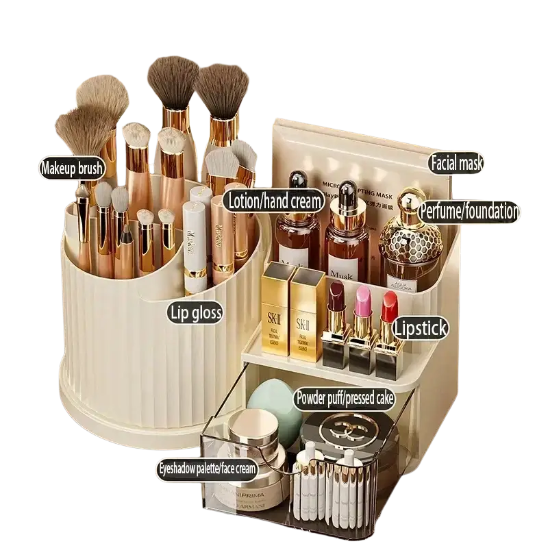 Cream-colored vertically ribbed makeup organizer with brush holder and large capacity skincare compartments