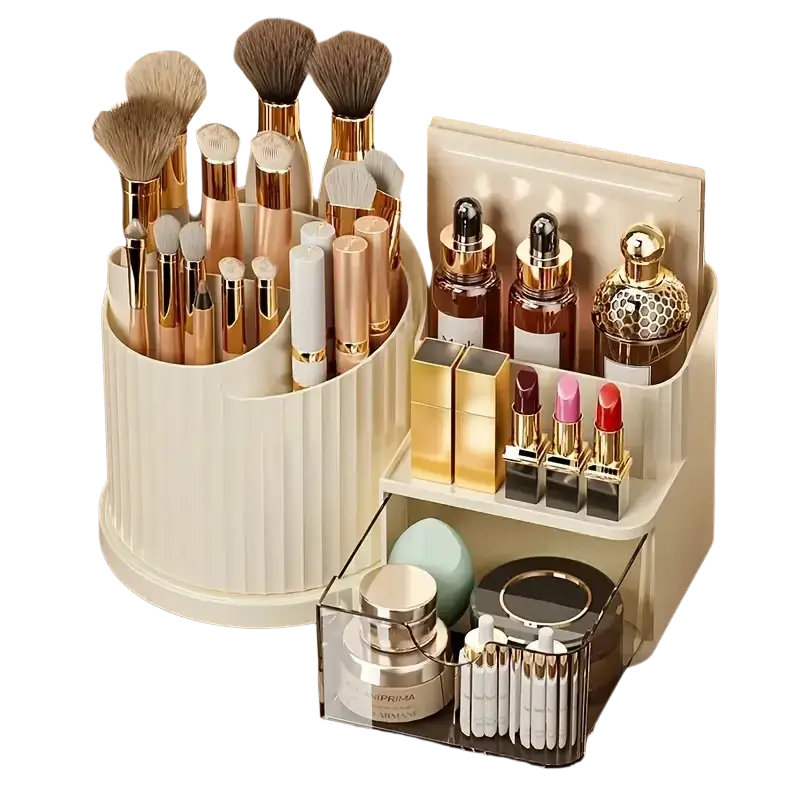 Cream-colored vertically ribbed plastic makeup organizer with brush holder and large capacity skincare compartments