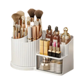White ribbed plastic makeup organizer with brush holder features gold-toned accents and a transparent drawer for large capacity skincare storage