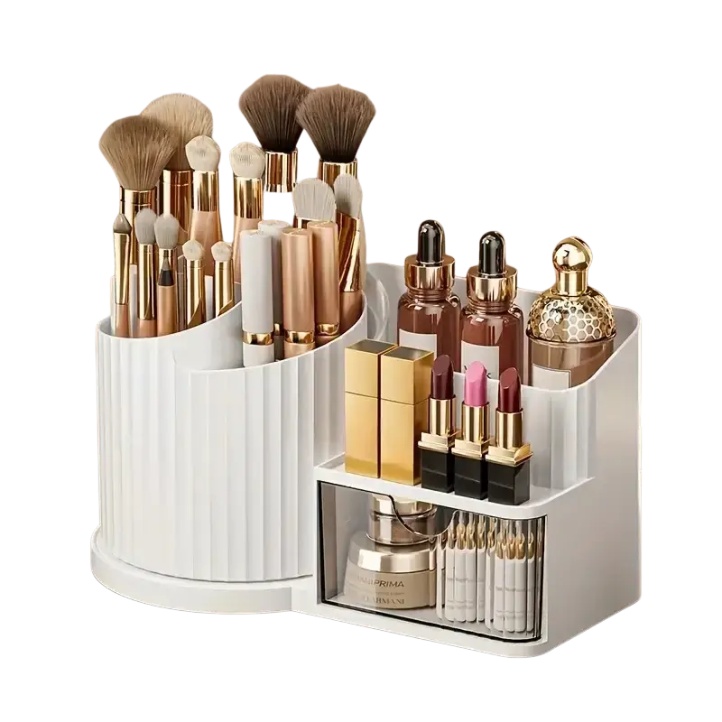 White ribbed plastic makeup organizer with brush holder features gold-toned accents and a transparent drawer for large capacity skincare storage