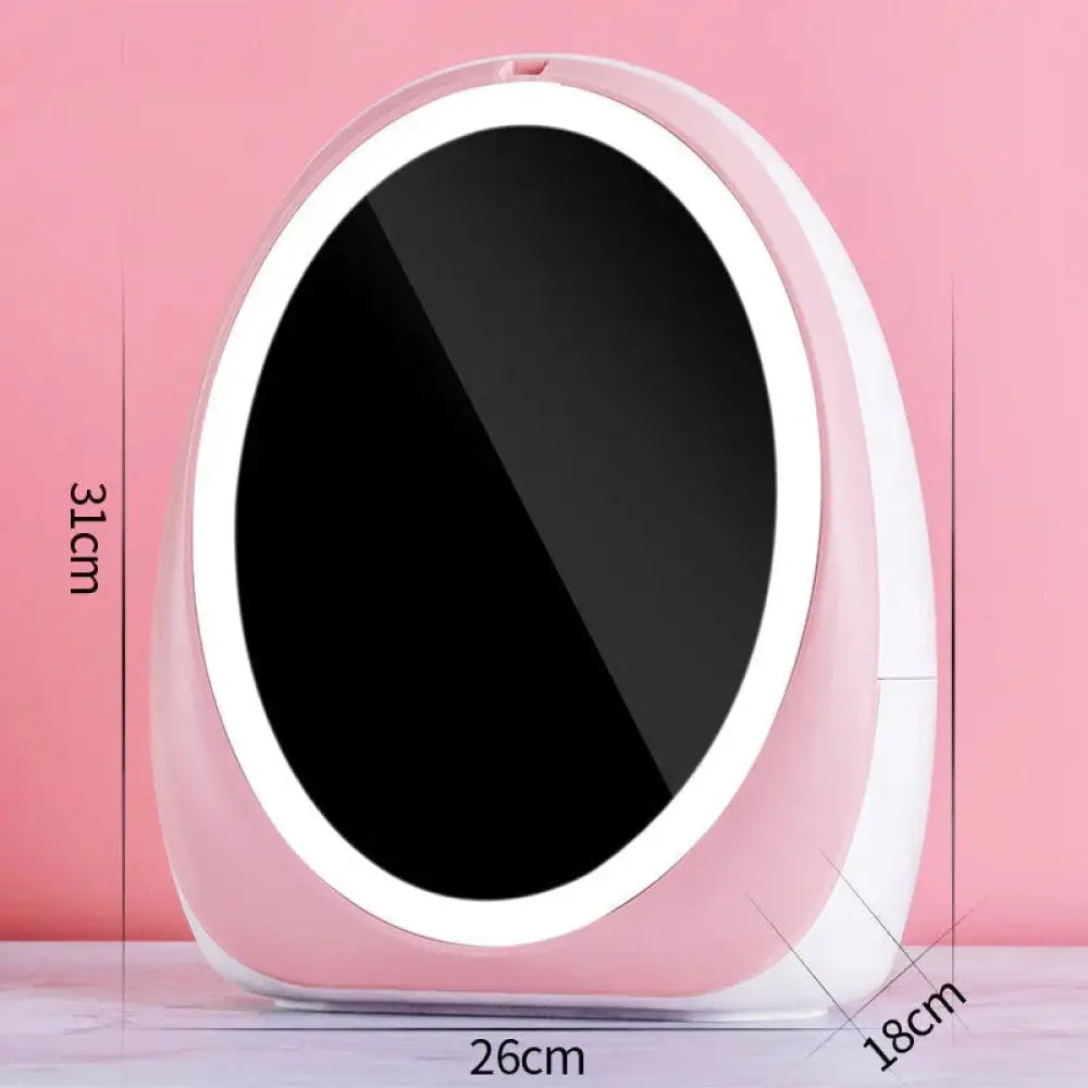 Pink oval-shaped led vanity mirror with white illuminated border and sleek modern design for jewelry and makeup storage