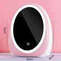 Pink oval led vanity mirror with white illuminated border and sleek plastic casing for jewelry and makeup storage case