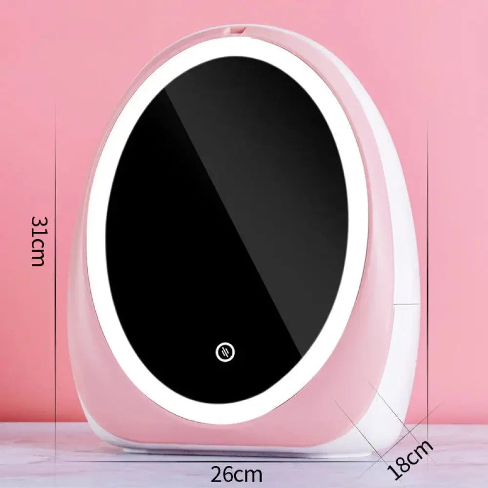 Pink oval led vanity mirror with white illuminated border and sleek plastic casing for jewelry and makeup storage case