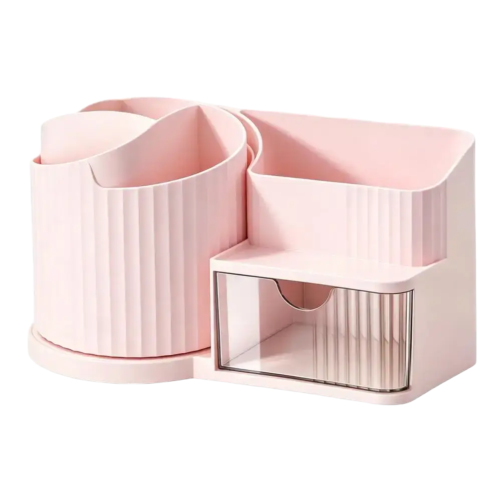 Pink plastic makeup organizer with ribbed texture and clear drawer large capacity makeup vanity organizer