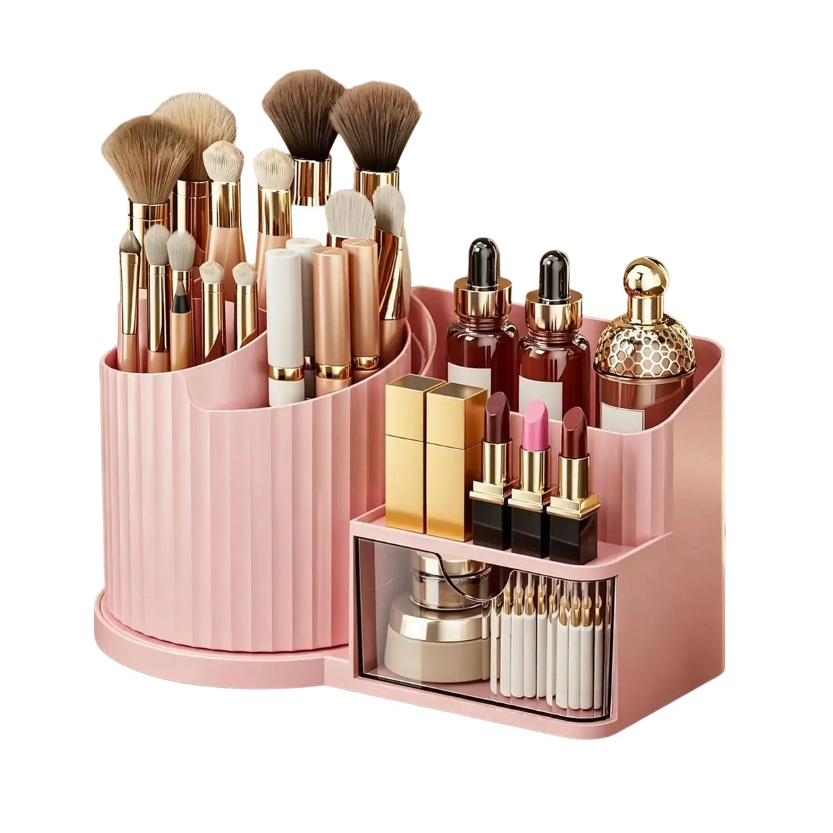 Pink plastic makeup organizer with vertical ridges large capacity rotating makeup vanity organizer with transparent drawer