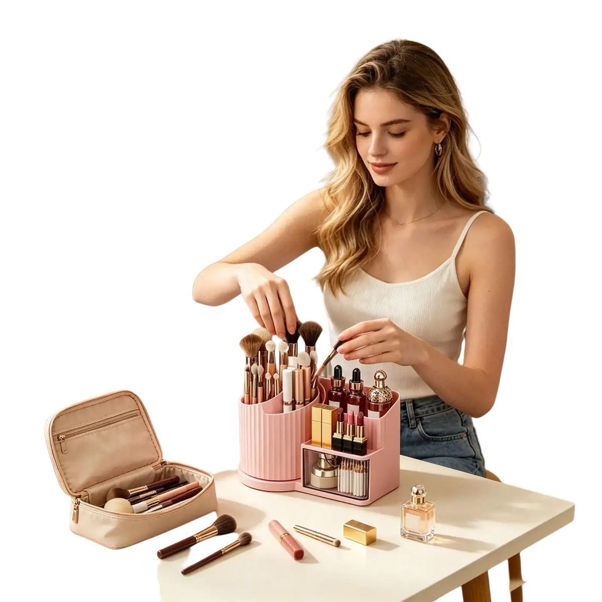 Pink ribbed large capacity makeup organizer with compartments for brushes and cosmetics for vanity storage