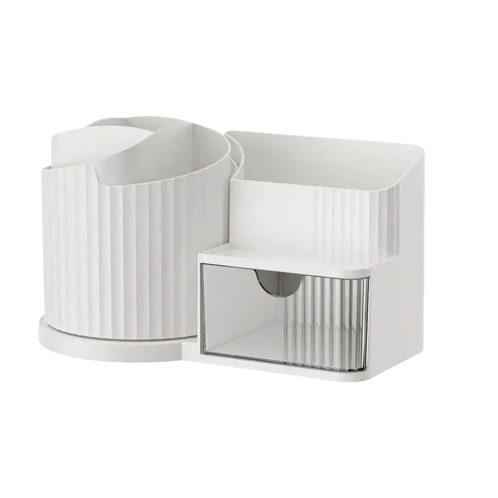 White plastic makeup organizer with ribbed texture and clear drawer large capacity makeup vanity organizer