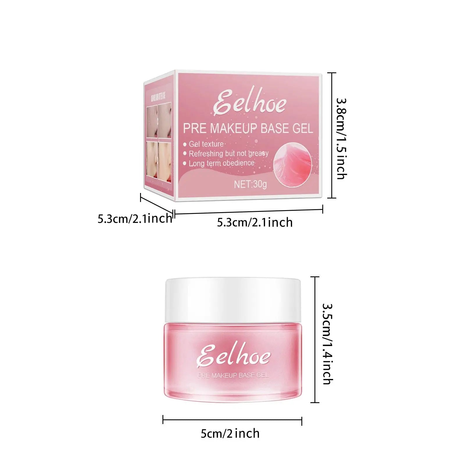 Pink translucent jar with white lid containing eelhoe moisturizing pore minimizing pre makeup base gel primer