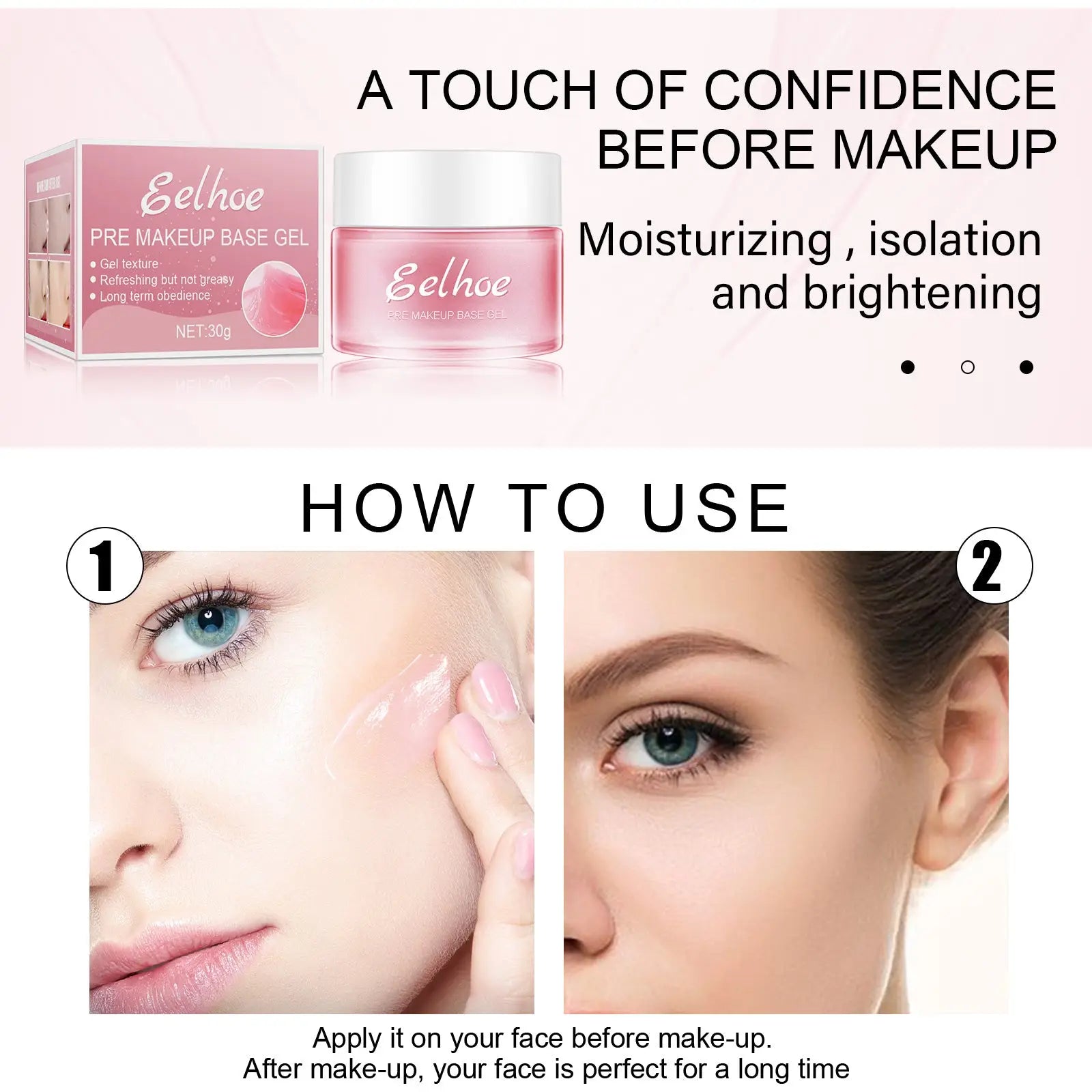 Pink moisturizing pore minimizing makeup primer gel texture in a white jar with pink lid branded eelhoe