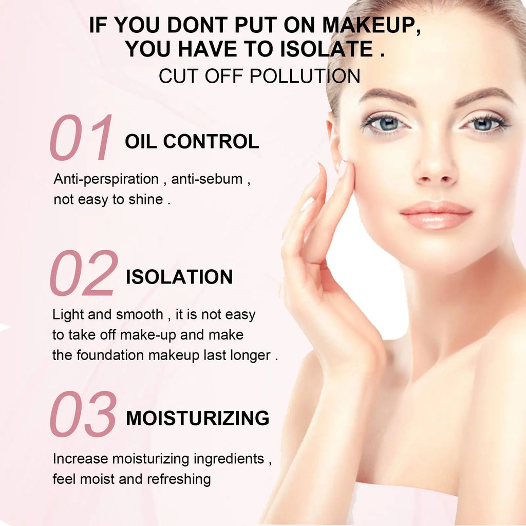 A woman with fair skin and blue eyes wearing a white top demonstrating makeup primer gel moisturizing pore minimizing base