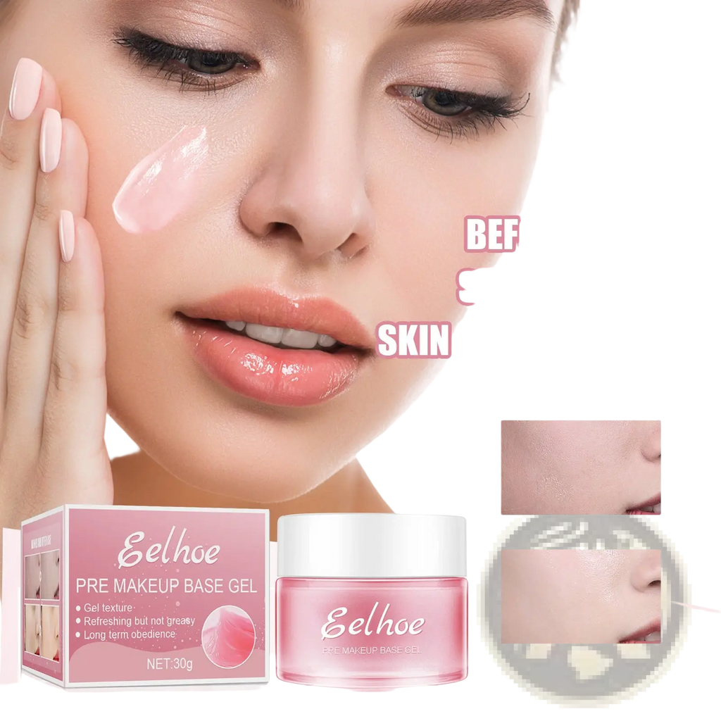 Pink translucent jar of selhoe makeup primer gel with white lid and matching box for moisturizing pore minimizing base