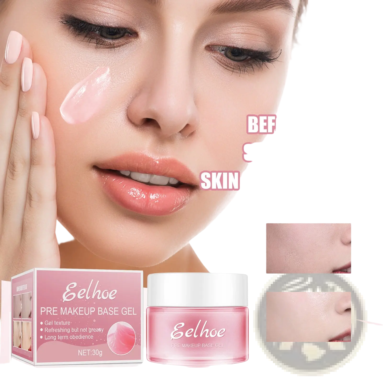 Pink translucent jar of selhoe makeup primer gel with white lid and matching box for moisturizing pore minimizing base