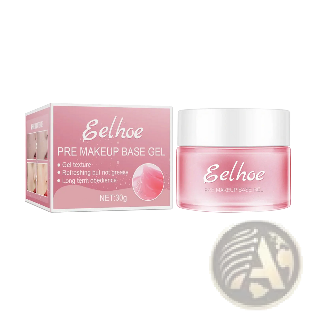 Pink translucent jar with white lid containing eelhoe moisturizing pore minimizing pre makeup base gel primer
