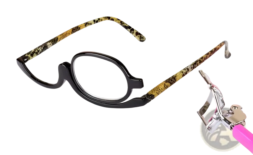 Makeup reading glasses with black oval lenses and snake-skin patterned temple arms plus2.50 strength variety pack