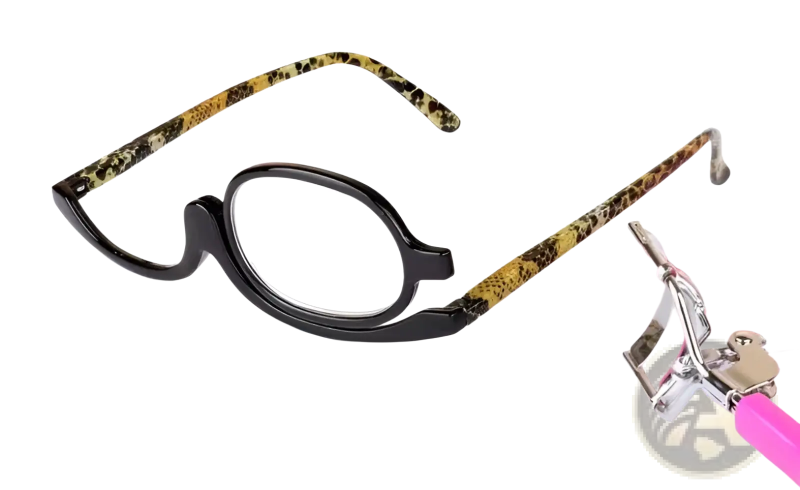 Makeup reading glasses with black oval lenses and snake-skin patterned temple arms plus2.50 strength variety pack