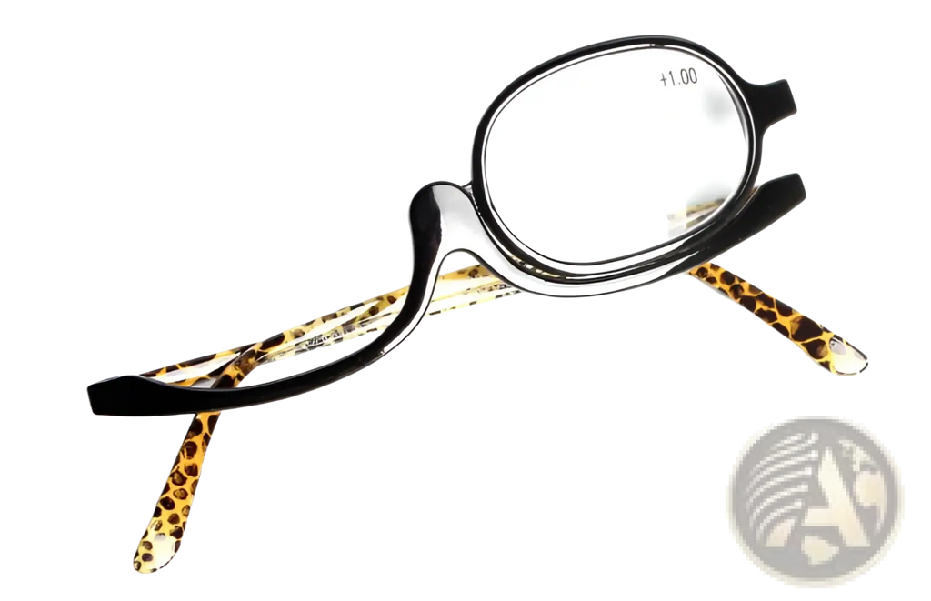 Black-framed makeup reading glasses with leopard print temple arms and plus 1.00 prescription lens mark