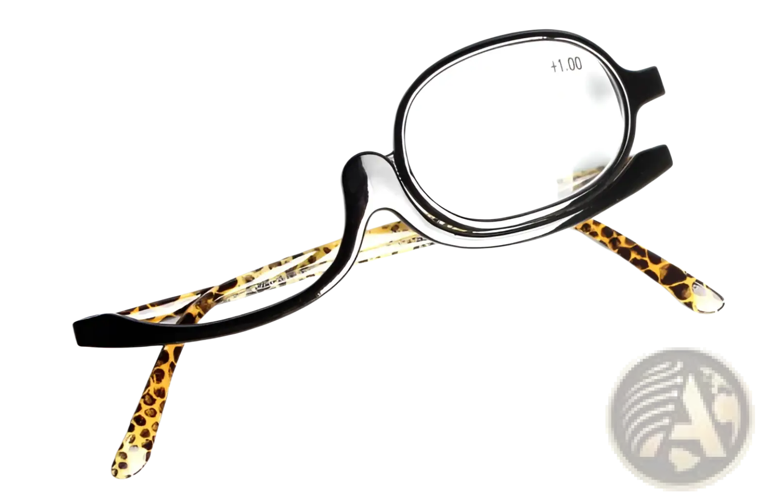 Black-framed makeup reading glasses with leopard print temple arms and plus 1.00 prescription lens mark