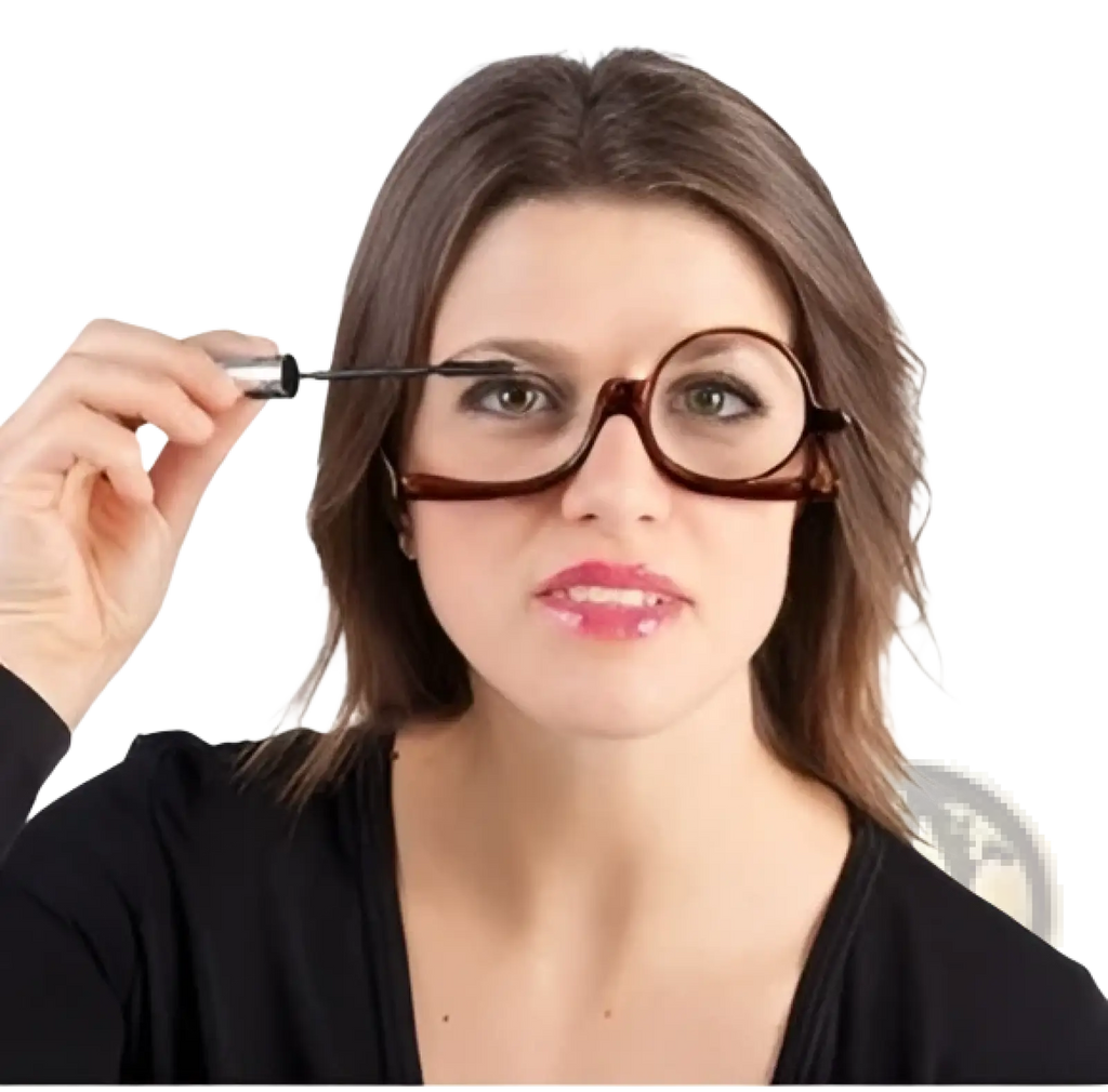 A woman wearing round dark brown framed makeup reading glasses with modern design and plus 2.50 strength