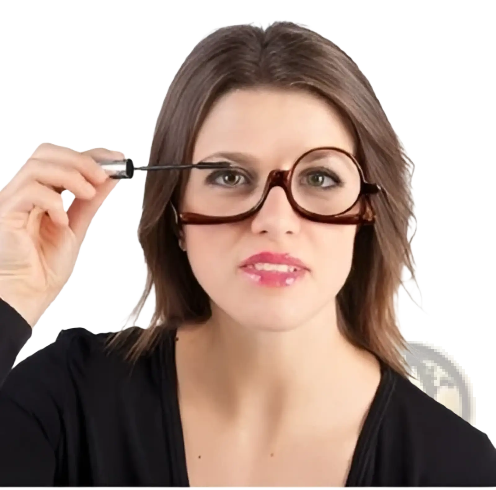 A woman wearing round dark brown framed makeup reading glasses with modern design and plus 2.50 strength