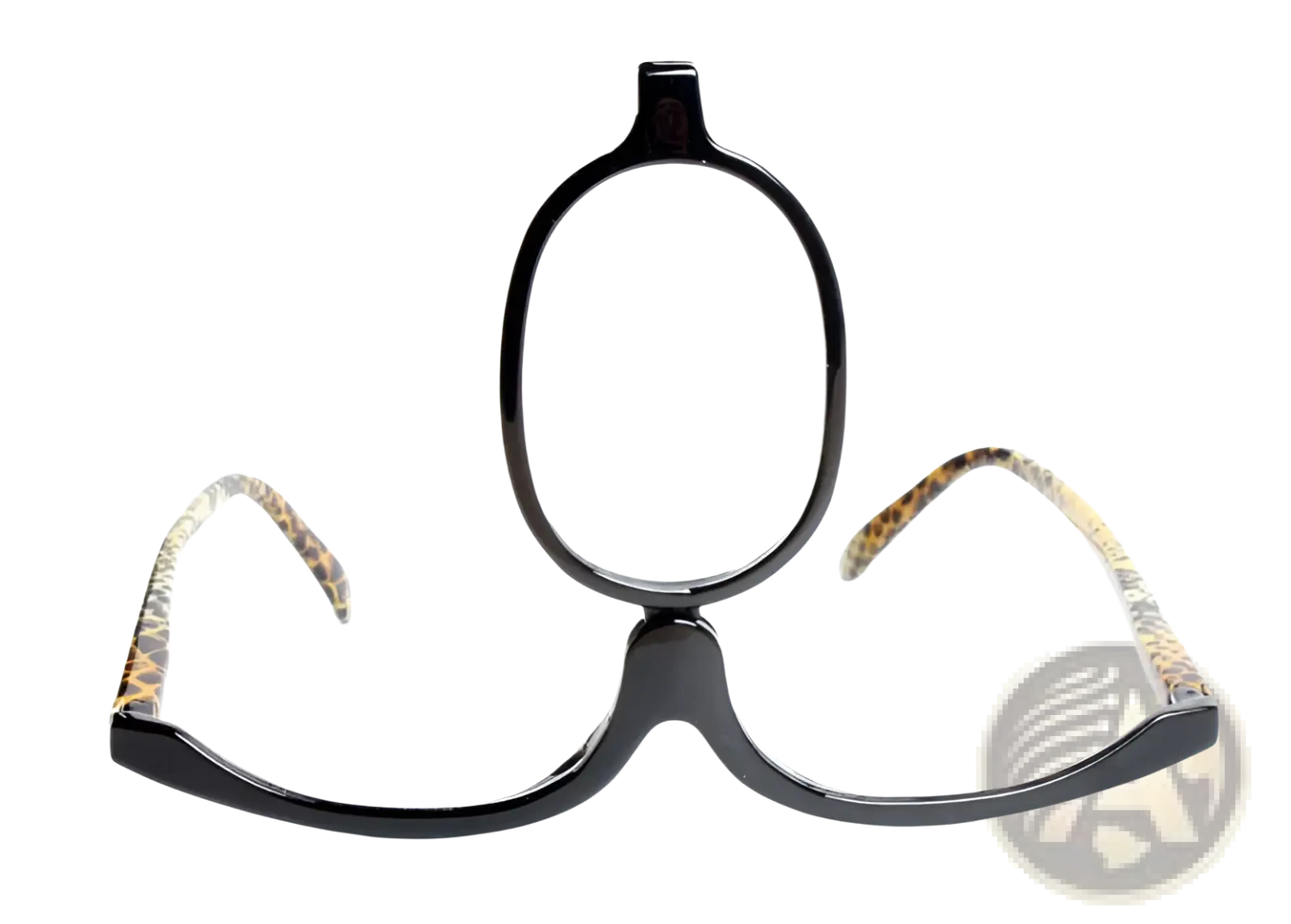 Black-framed makeup reading glasses with leopard-print temples and plus 1.00 lens for discreet one-eye use