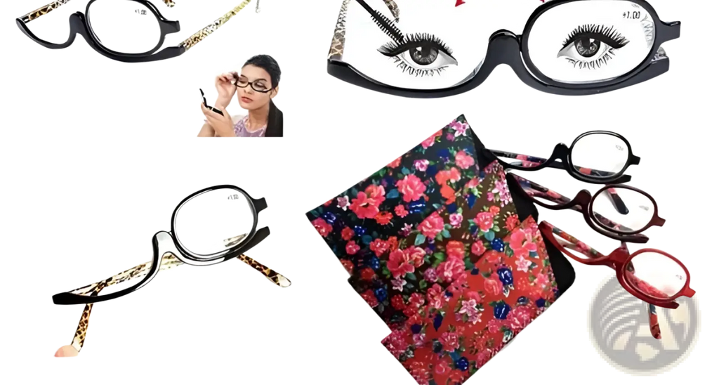 Makeup reading glasses with black frames leopard print temple arms and decorative eyelash designs on lenses plus 2.50 strength