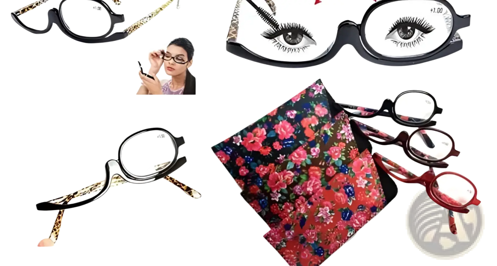 Makeup reading glasses with black frames leopard print temple arms and decorative eyelash designs on lenses plus 2.50 strength