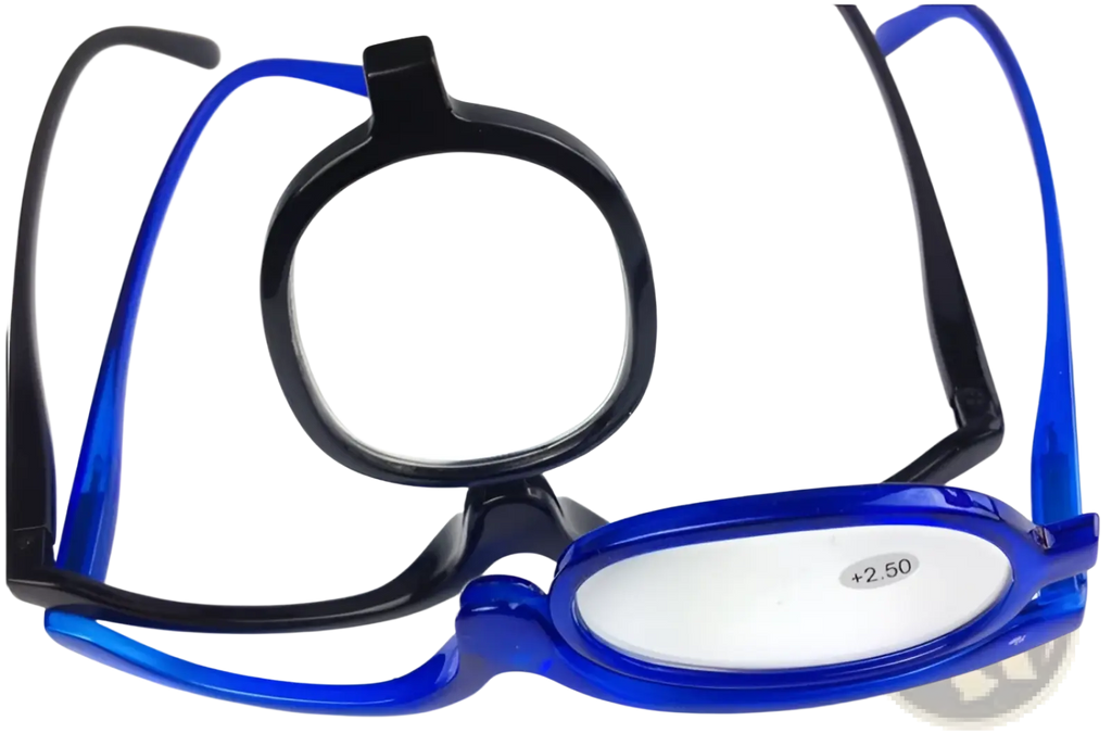 A pair of colorful plastic-framed makeup reading glasses with +2.50 strength in black and blue frames