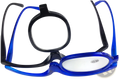 A pair of colorful plastic-framed makeup reading glasses with +2.50 strength in black and blue frames