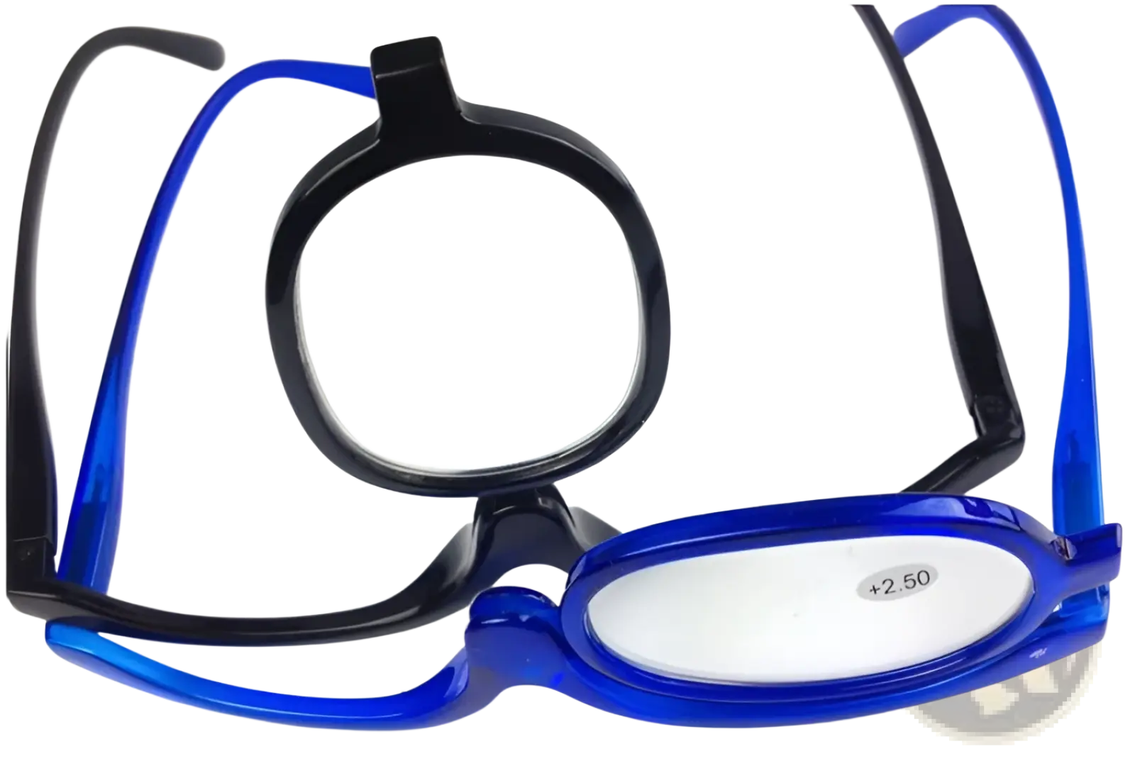 A pair of colorful plastic-framed makeup reading glasses with +2.50 strength in black and blue frames
