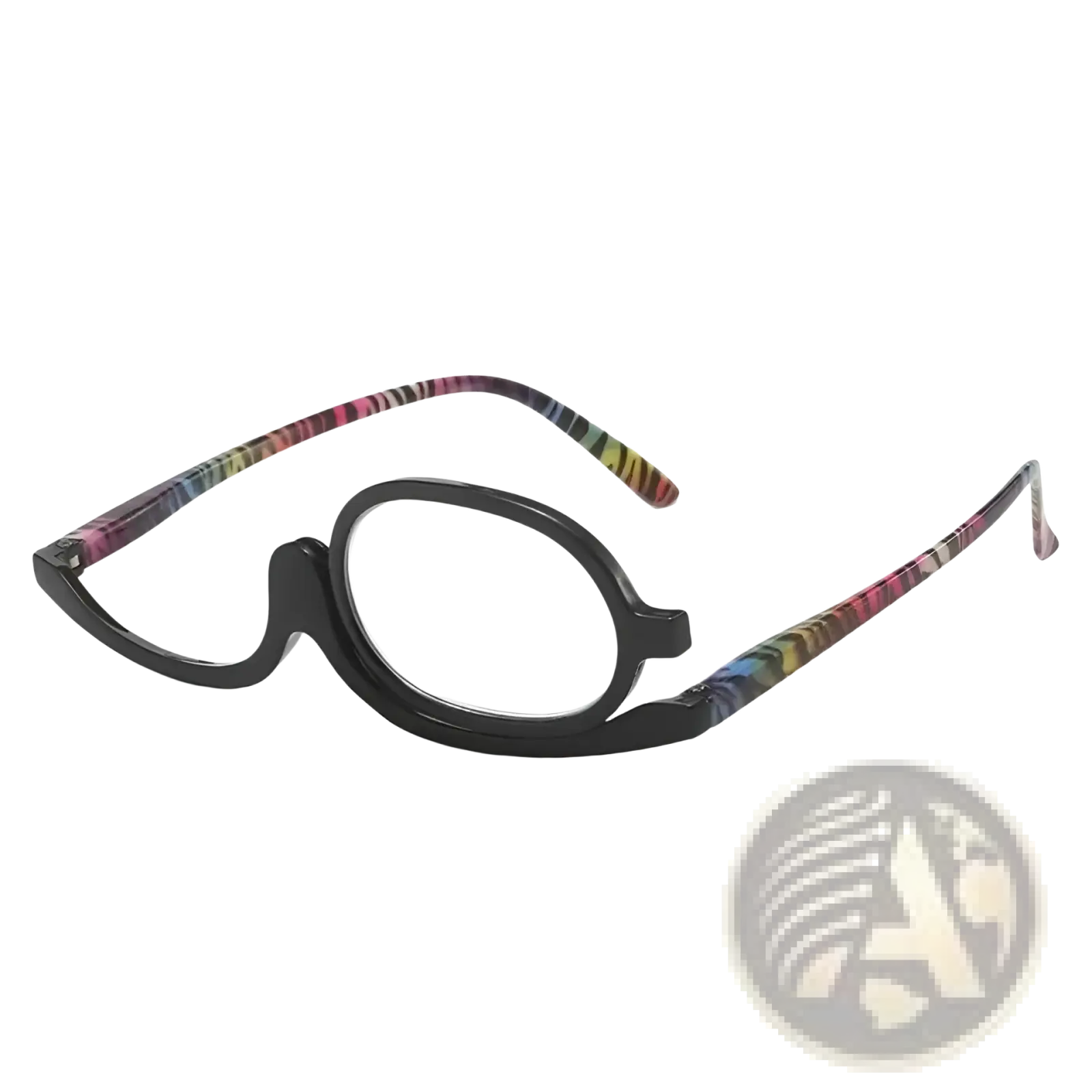 Black-framed makeup reading glasses with colorful striped temple arms and plus 2.50 strength variety pack