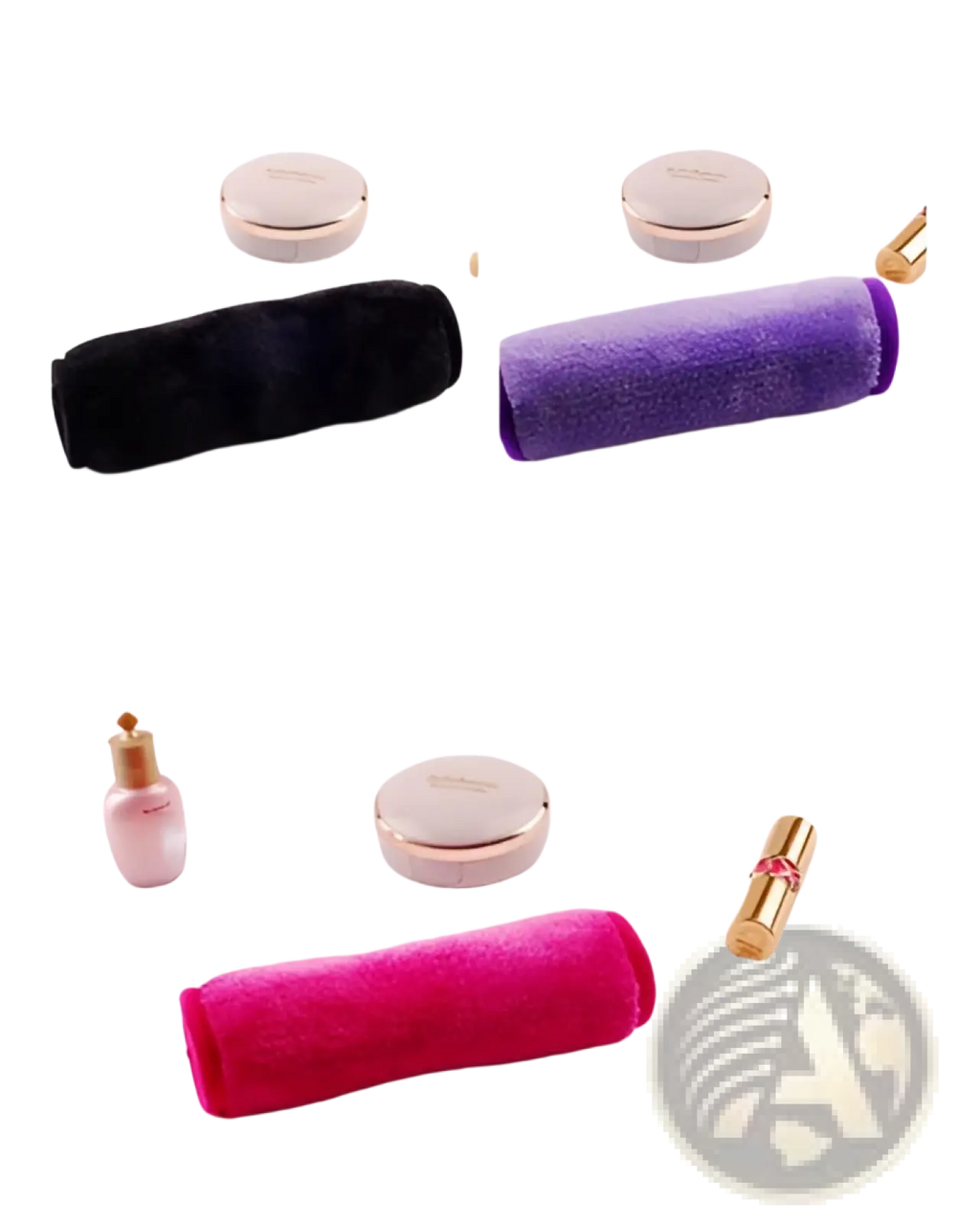 A plush cylindrical reusable microfiber makeup remover towel in black purple and pink from a 5 pack set
