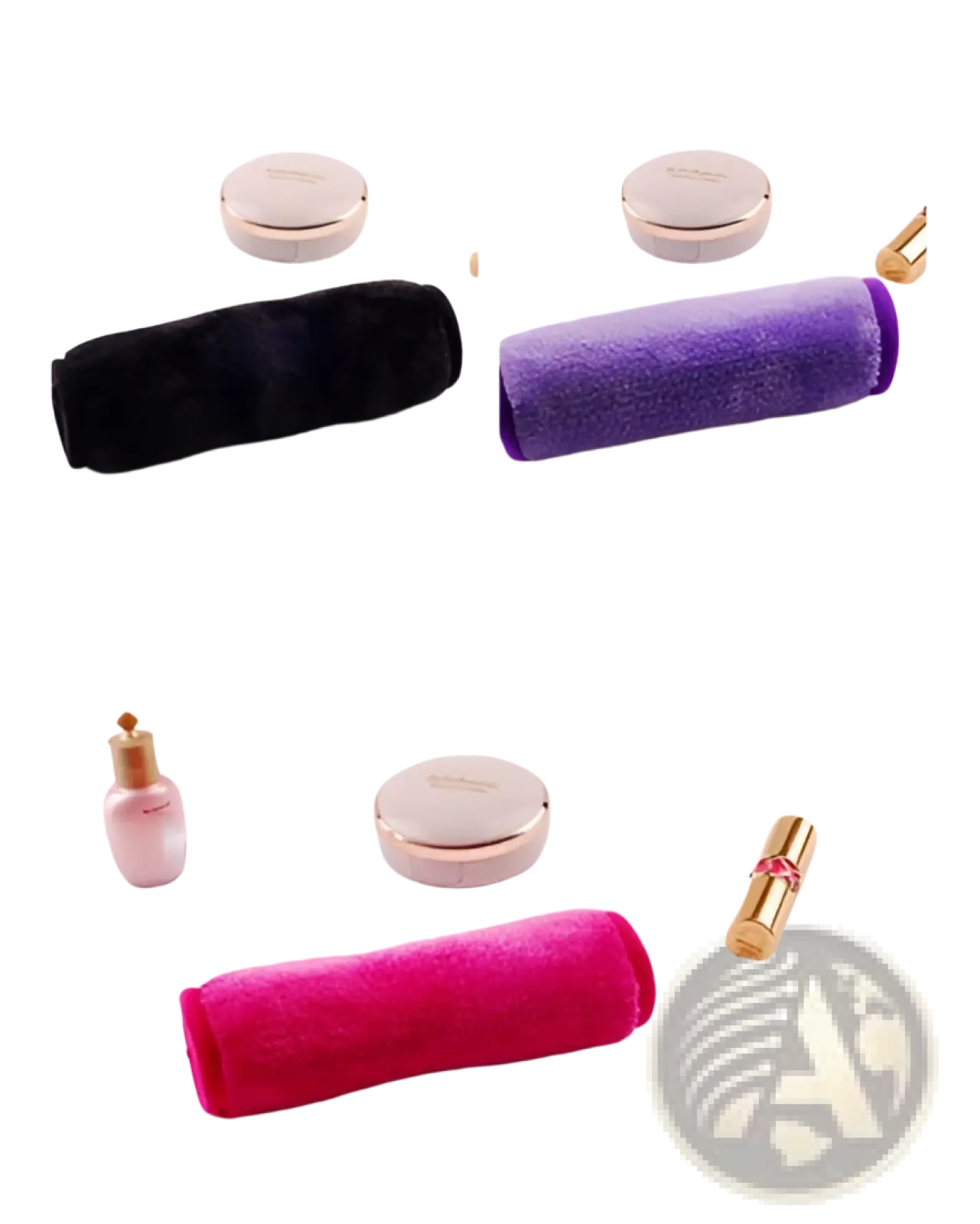 A plush cylindrical reusable microfiber makeup remover towel in black purple and pink from a 5 pack set