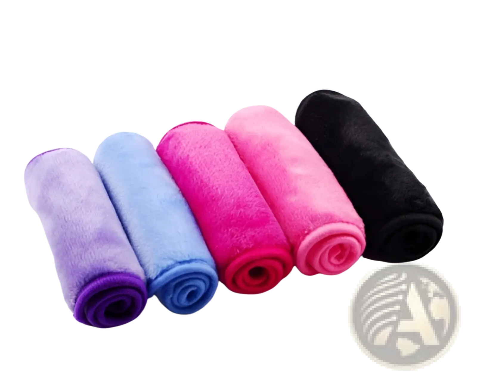 A set of five reusable microfiber makeup remover towels in pastel and bold colors including purple, light blue, pink, red, and black