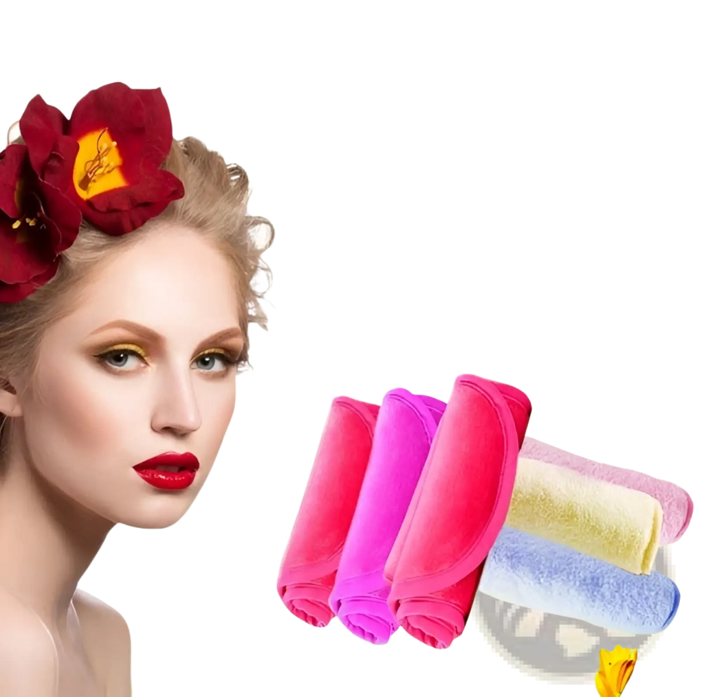 A set of five rolled reusable microfiber makeup remover towels in pink magenta yellow and blue hues for gentle cleaning