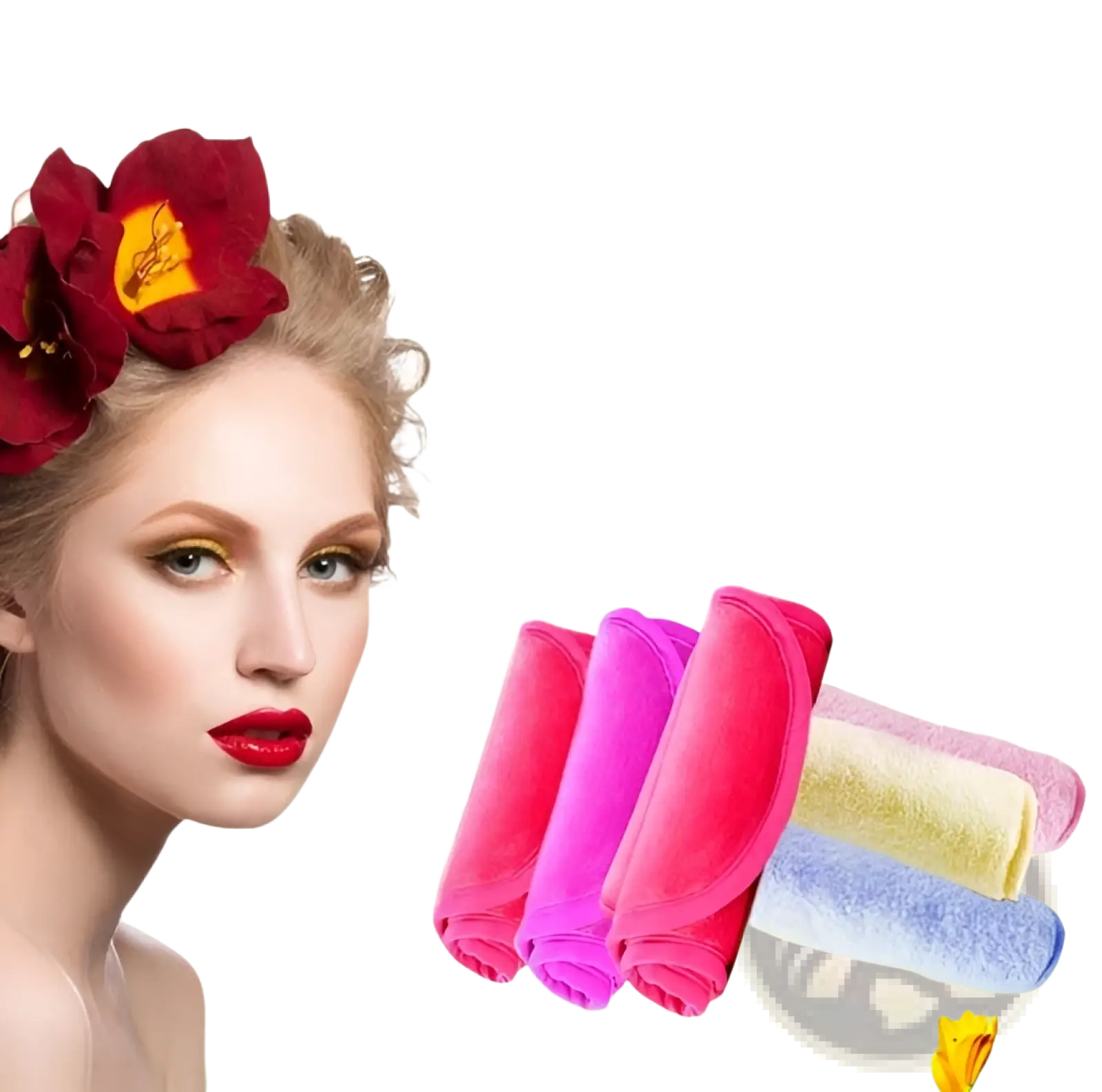 A set of five rolled reusable microfiber makeup remover towels in pink magenta yellow and blue hues for gentle cleaning