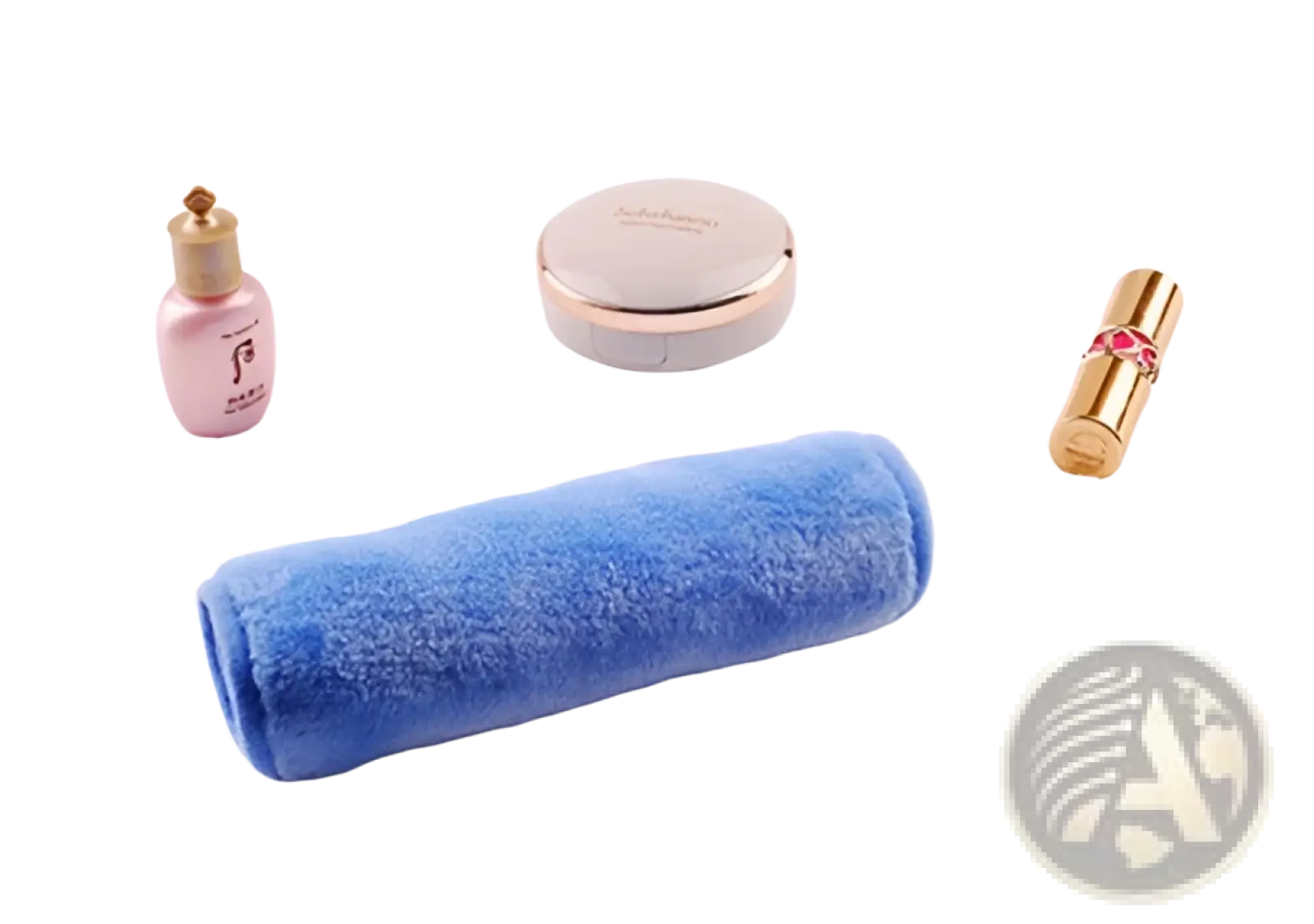 Blue plush rolled makeup remover towel made of reusable microfiber in a 5 pack for gentle facial cleansing