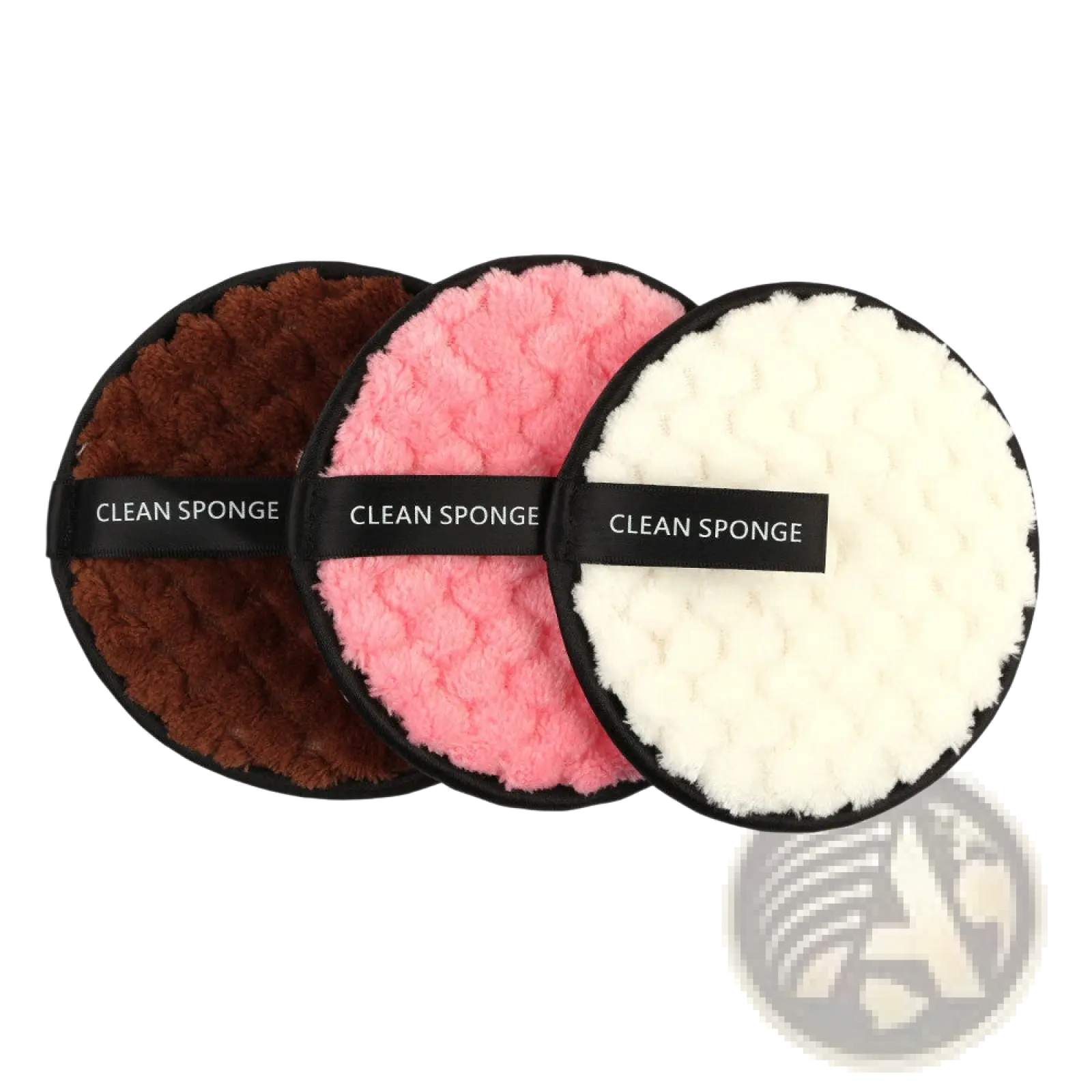Makeup removing puff 3 pack with mesh bag featuring three circular clean sponges in brown pink and white with black trim